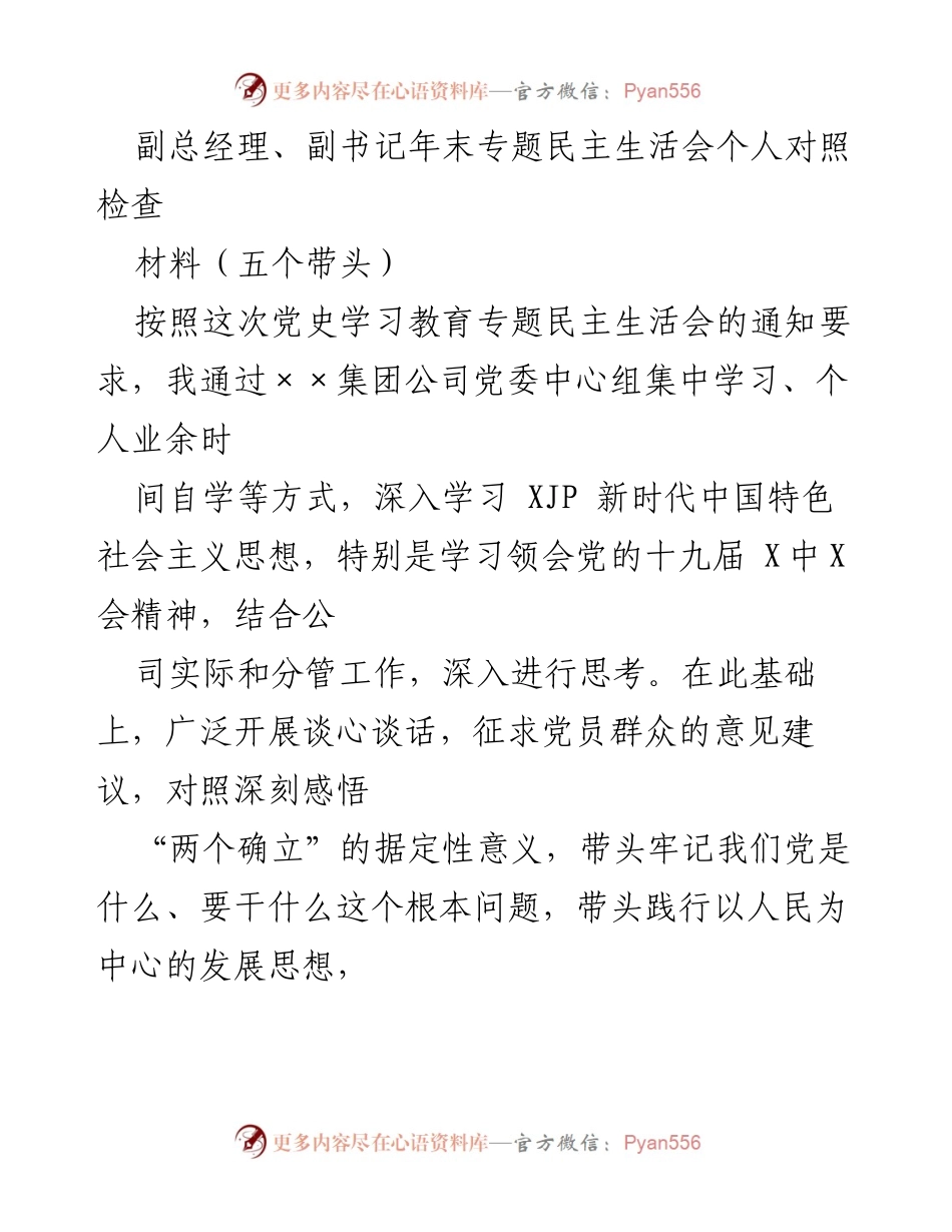 [发言] 年末专题民主生活会 - 副总经理个人对照检查材料分析.docx_第1页