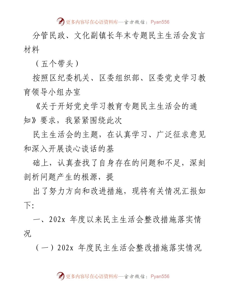 [发言] 年末专题民主生活会 - 民政文化副镇长年末民主生活会发言材料总结与整改措施.docx_第1页
