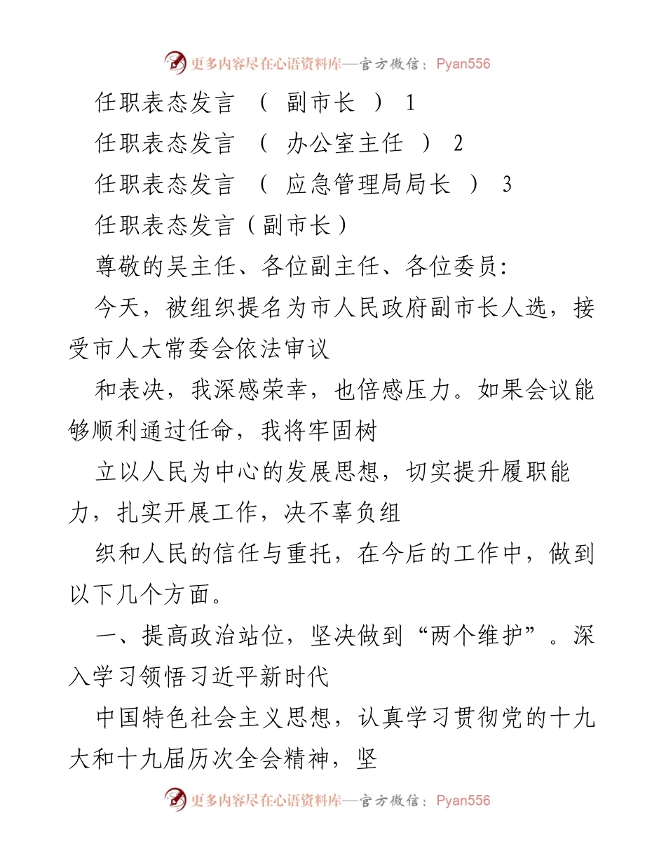 [发言] 市政府任命会议 - 任职表态发言：副市长与办公室主任的职责承诺.docx_第1页