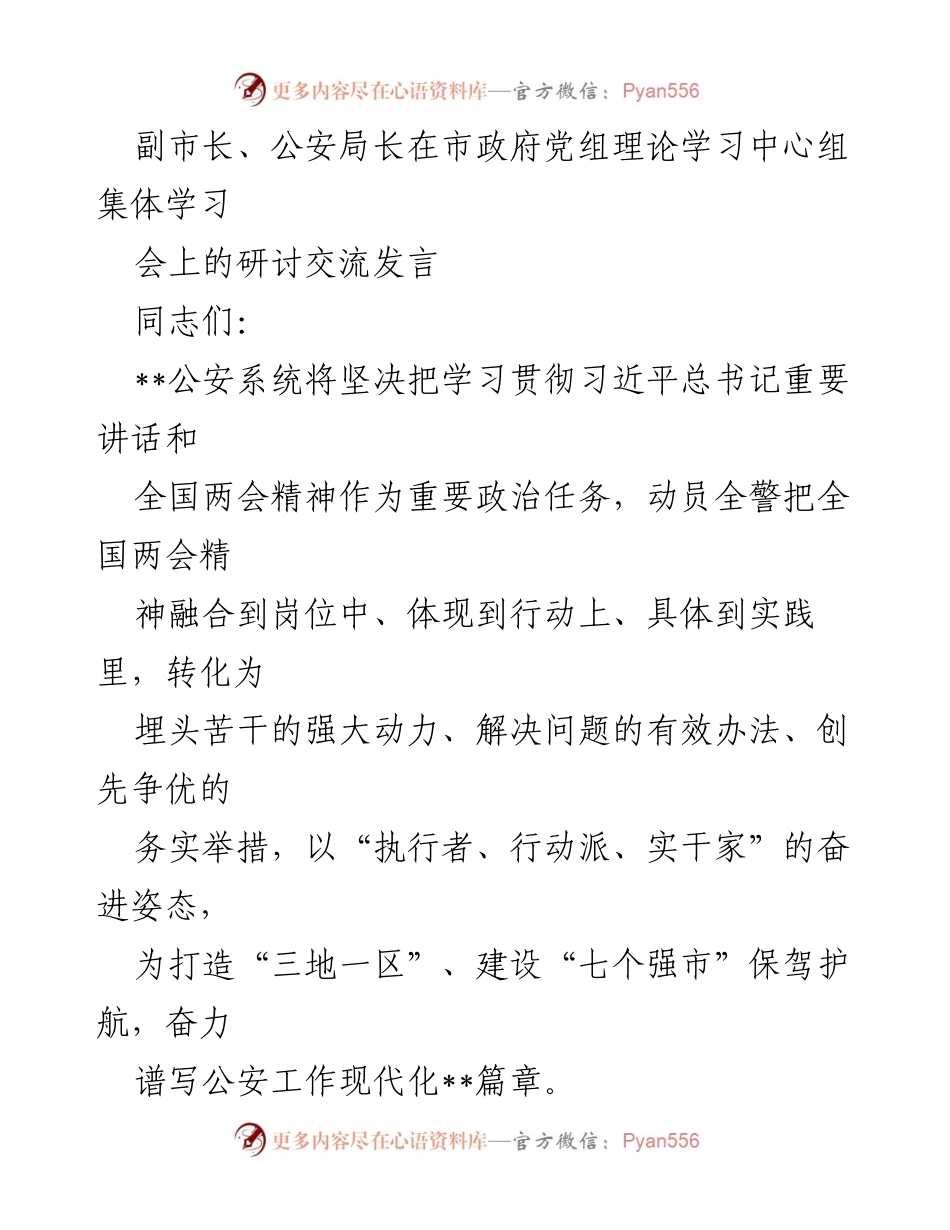 [发言] 市政府党组理论学习中心组集体学习 - 深入学习贯彻习近平总书记重要讲话及全国两会精神，推动公安工作现代化.docx_第1页