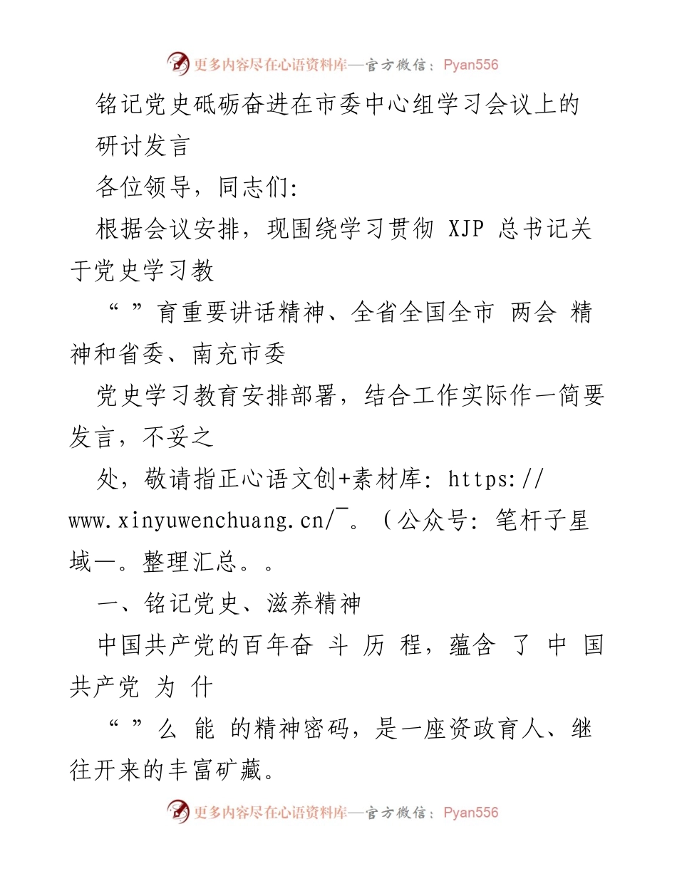 [发言] 市委中心组学习会议 - 铭记党史，汲取精神力量.docx_第1页