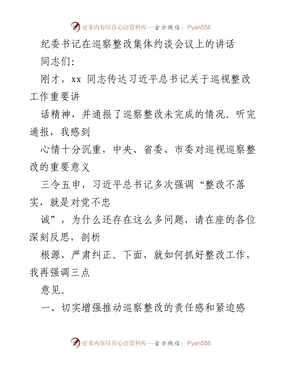 [发言] 巡察整改集体约谈会议 - 强化整改责任，落实巡视要求.docx_第1页