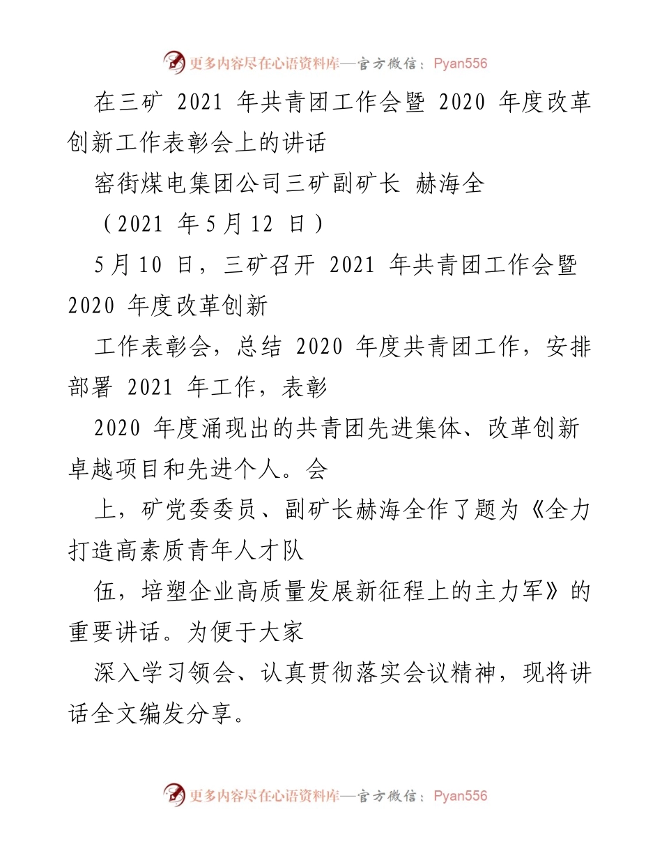 [发言] 工作会议 - 全力打造高素质青年人才队伍，培塑企业高质量发展新征程上的主力军.docx_第1页