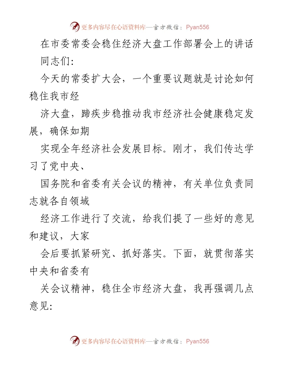 [发言] 市委常委会 - 稳住经济大盘，确保健康稳定发展.docx_第1页