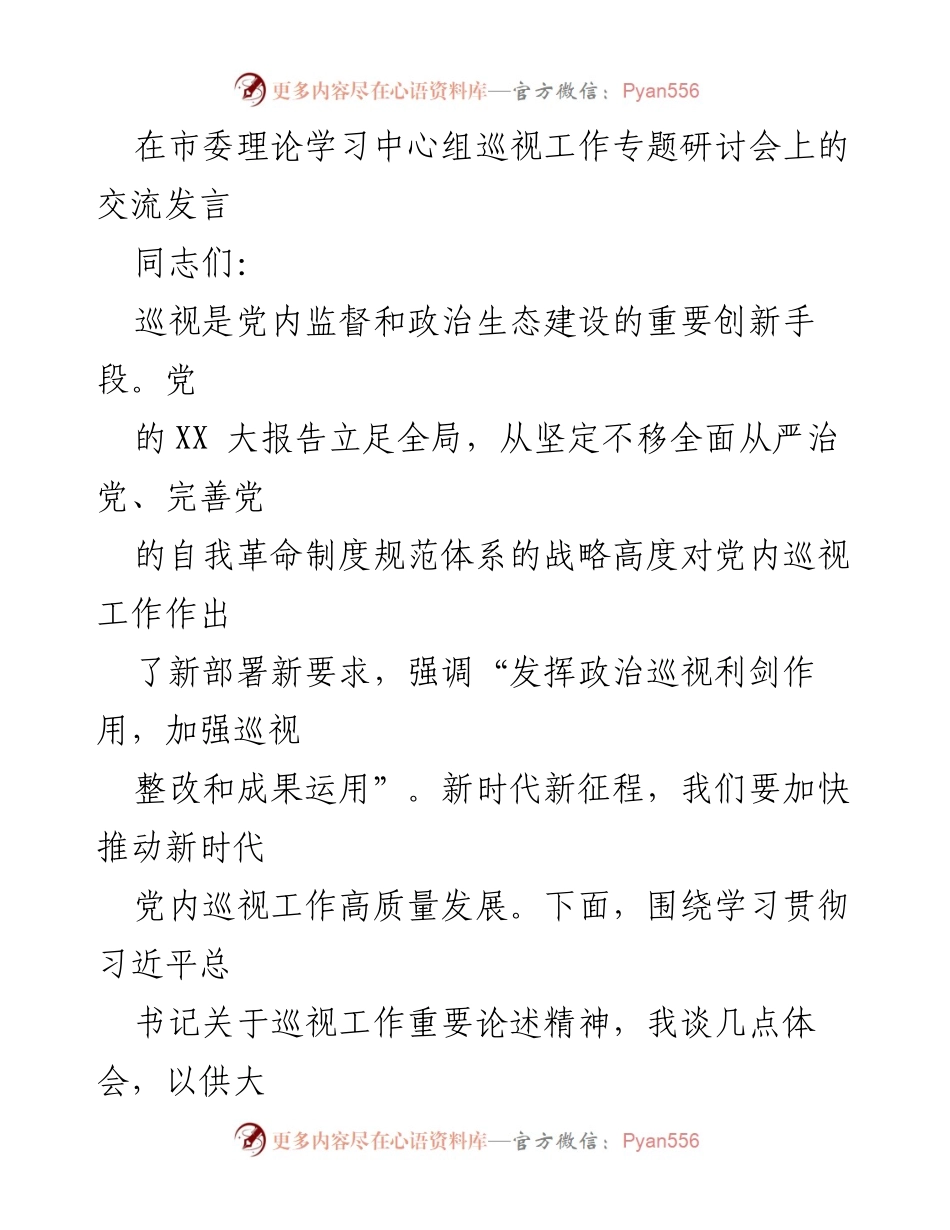 [发言] 市委理论学习中心组巡视工作专题研讨会 - 深化对党内巡视本质及政治功能的认识.docx_第1页