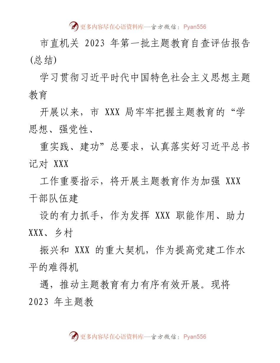 [发言] 市直机关主题教育总结会议 - 市直机关2023年主题教育自查评估报告总结.docx_第1页