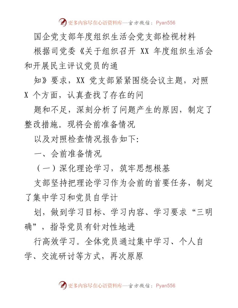 [发言] 年度组织生活会 - 国企党支部年度组织生活会检视材料总结.docx_第1页