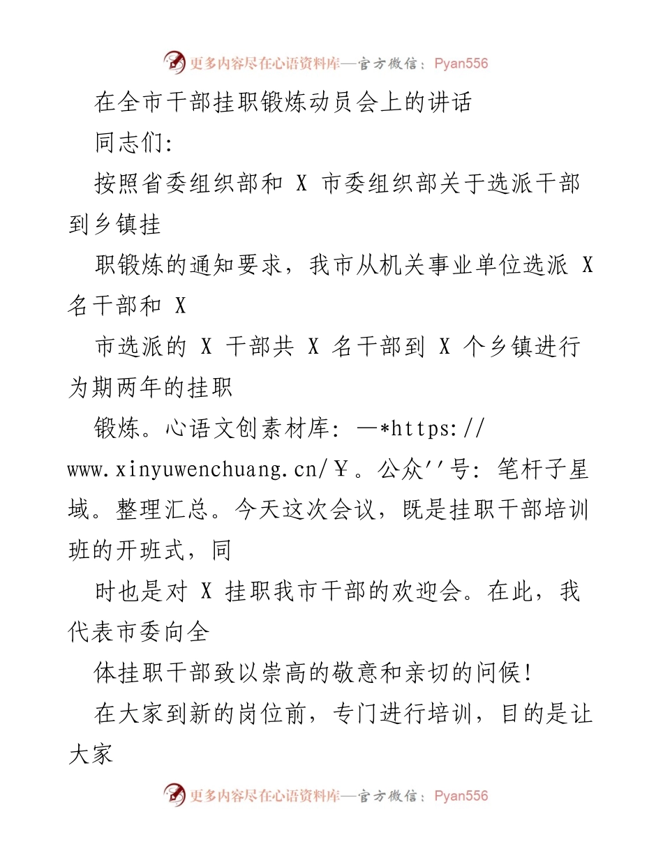 [发言] 干部挂职锻炼动员会 - 加强基层力量，提升干部素质的使命与责任.docx_第1页