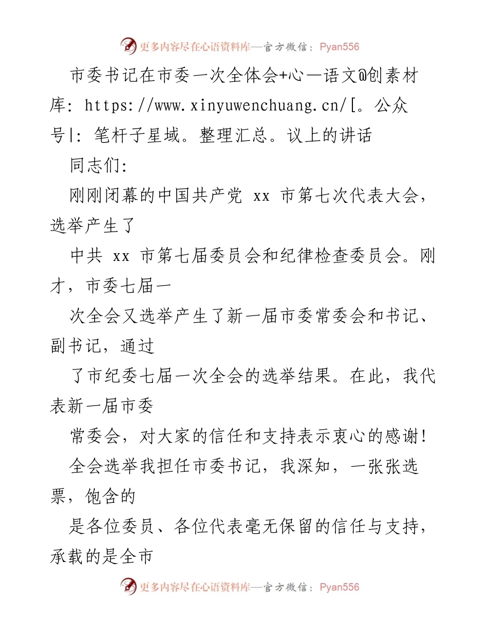 [发言] 市委全体会议 - 新一届市委常委会的使命与责任.docx_第1页