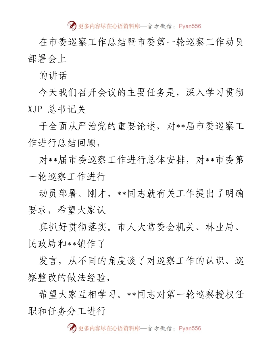 [发言] 市委巡察工作总结暨动员部署会 - 深入推进巡察工作，落实全面从严治党责任.docx_第1页