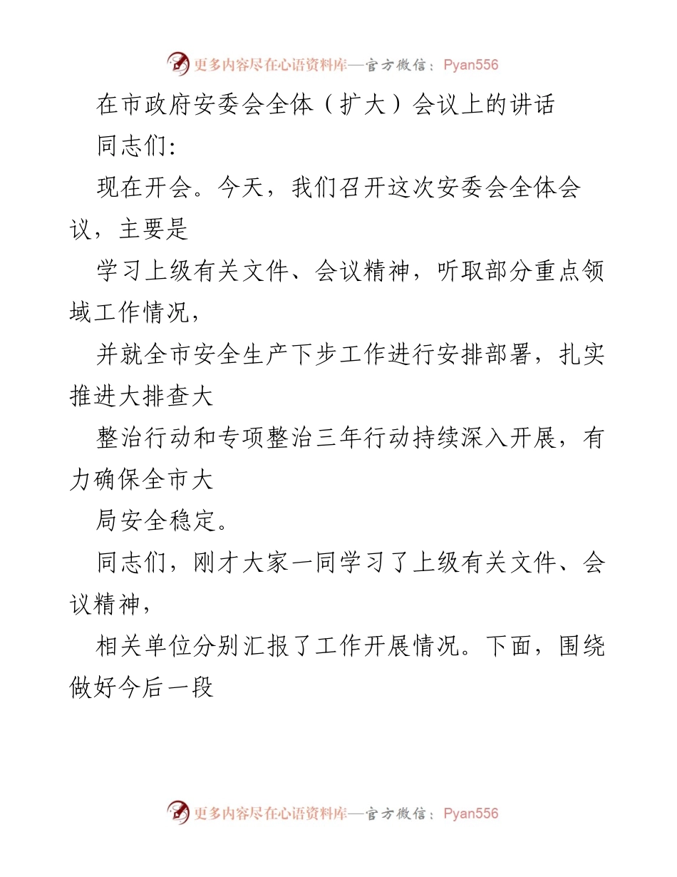 [发言] 市政府安委会全体（扩大）会议 - 加强安全生产工作，确保全市安全稳定_1.docx_第1页