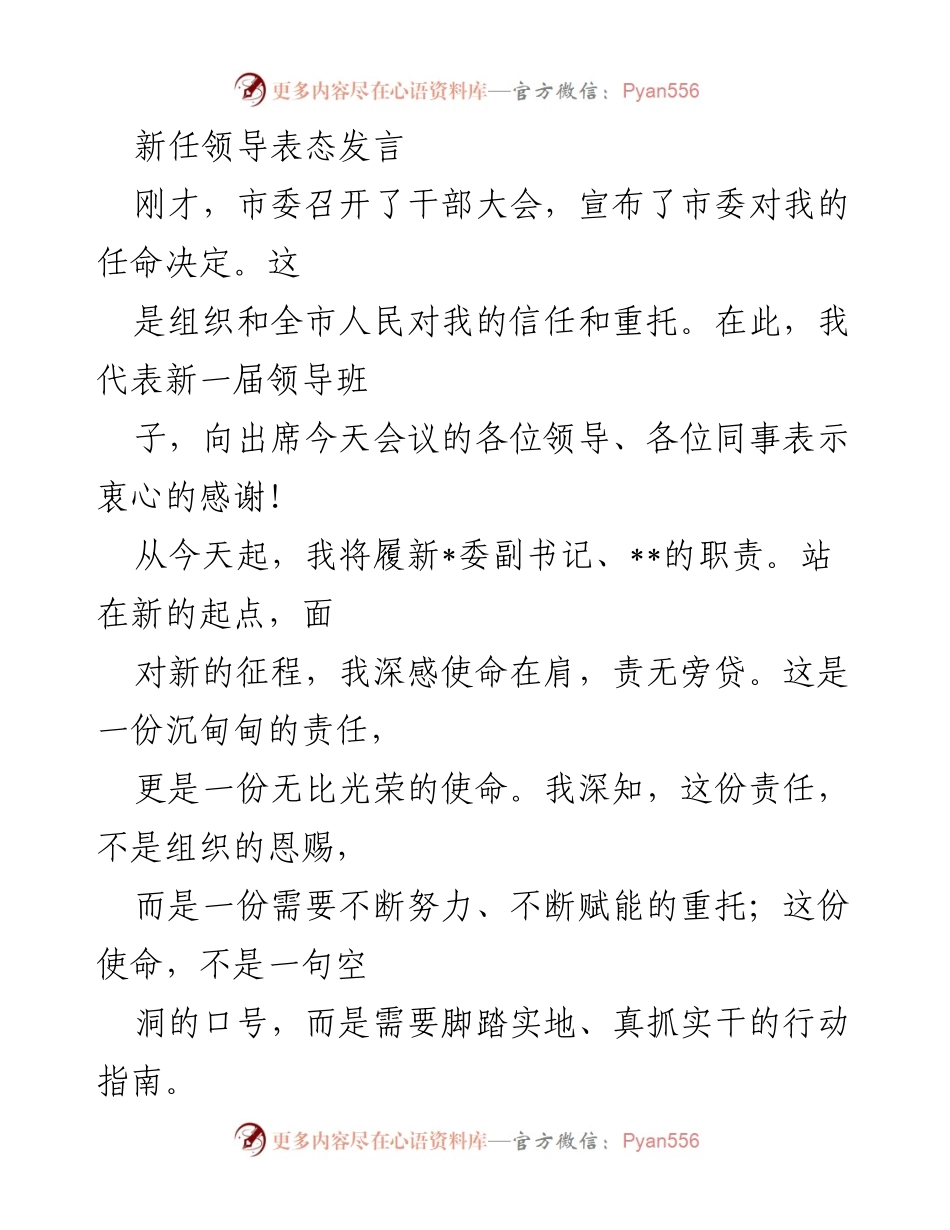 [发言] 干部大会 - 新任领导表态发言：坚定信念，勇担使命.docx_第1页