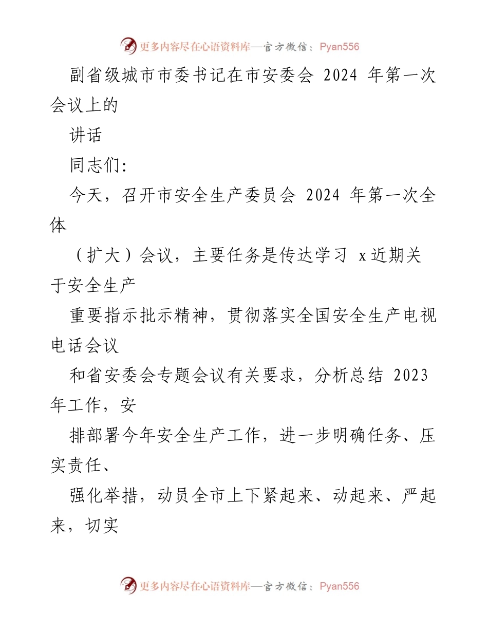 [发言] 市安委会第一次会议 - 强化安全生产责任，确保高质量发展.docx_第1页