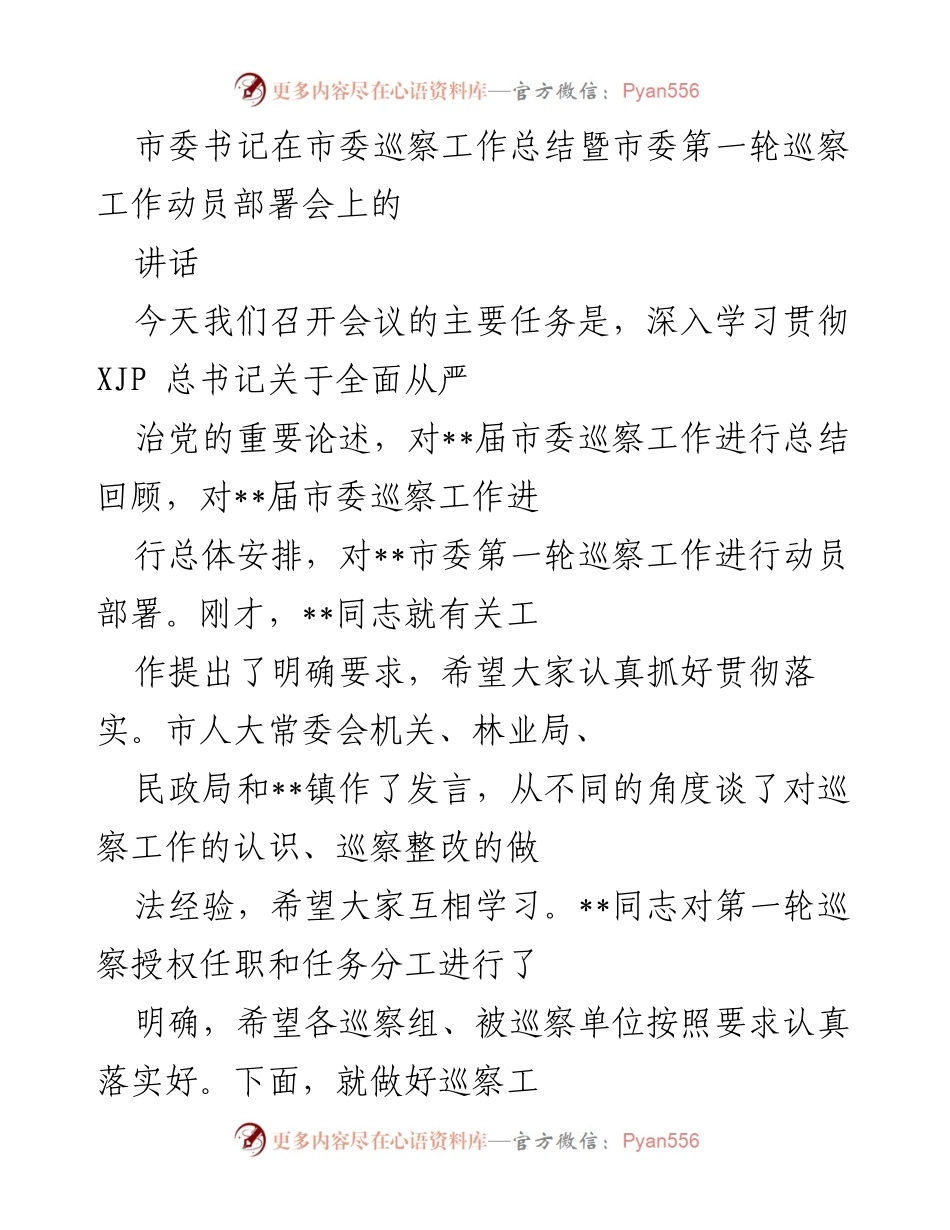 [发言] 市委巡察工作总结暨动员部署会 - 深入推进巡察工作，强化党内监督责任.docx_第1页