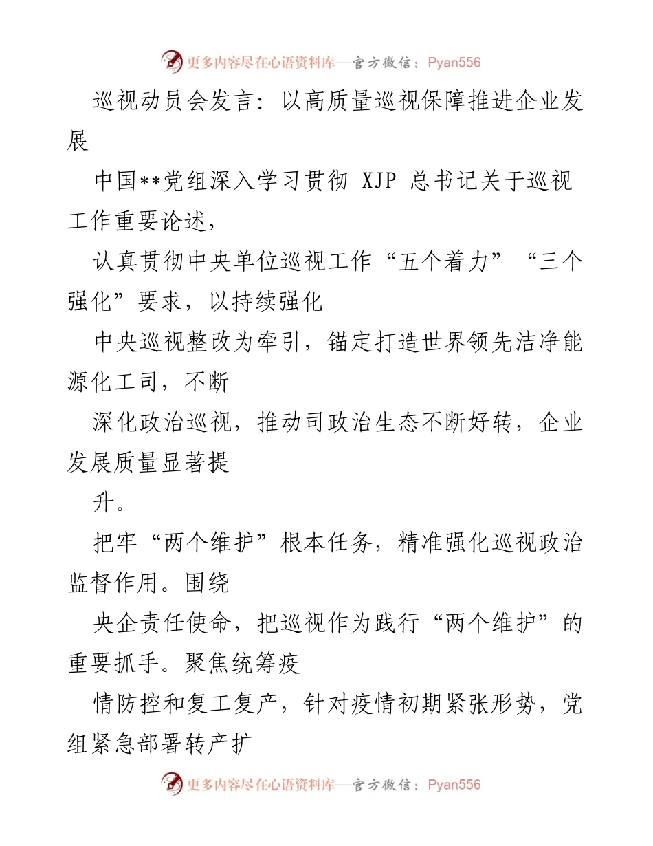 [发言] 巡视动员会 - 高质量巡视助力企业发展新篇章.docx_第1页