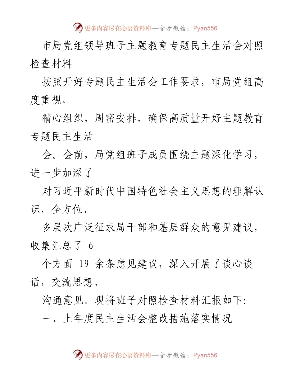 [发言] 市局党组专题民主生活会 - 市局党组领导班子主题教育民主生活会对照检查材料.docx_第1页