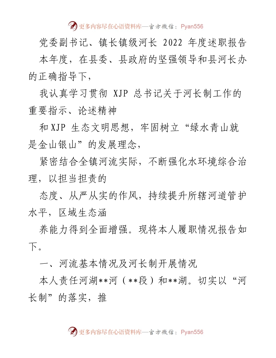 [发言] 年度述职 - 2022年度镇级河长述职报告总结与展望.docx_第1页