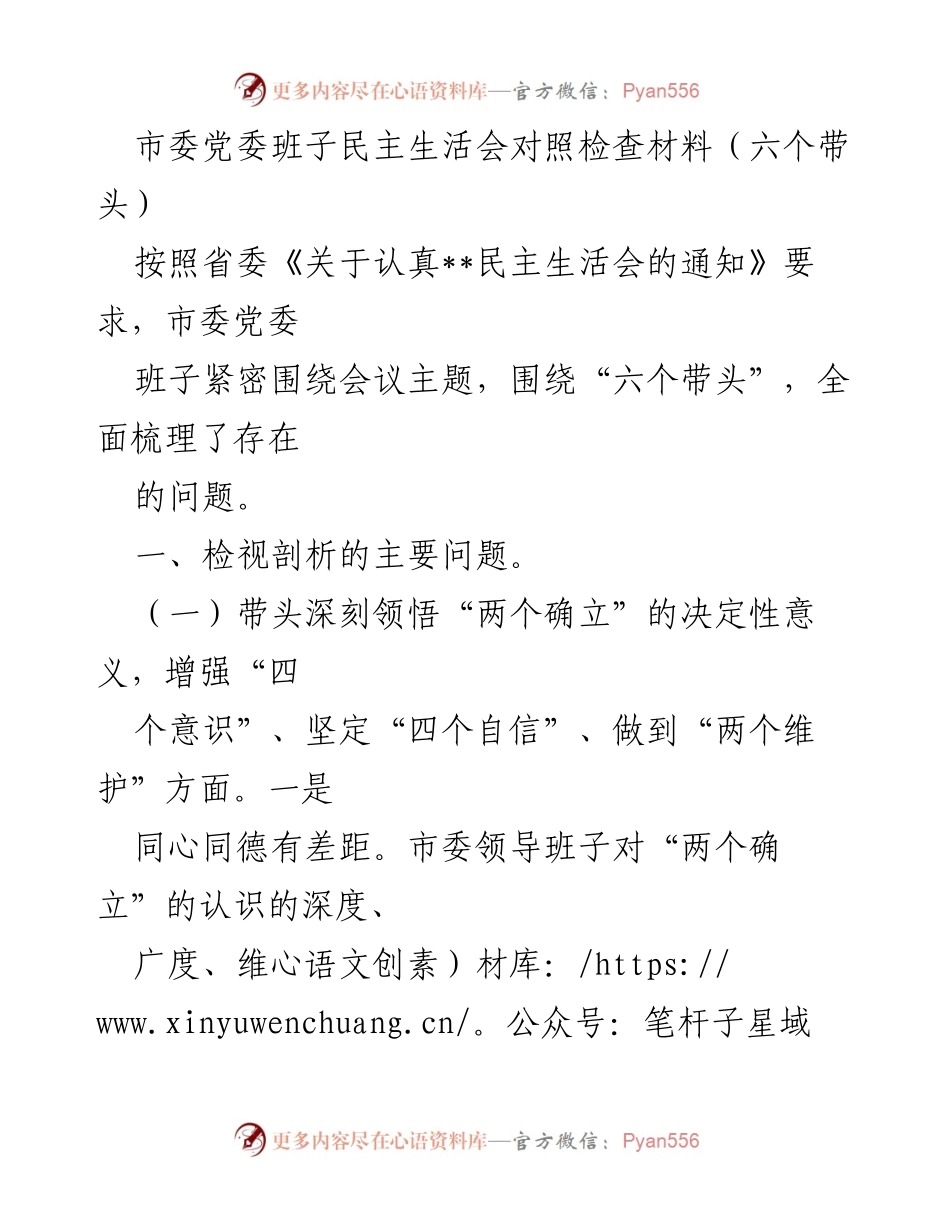 [发言] 市委党委班子民主生活会 - 深刻检视问题，增强政治意识与责任担当.docx_第1页