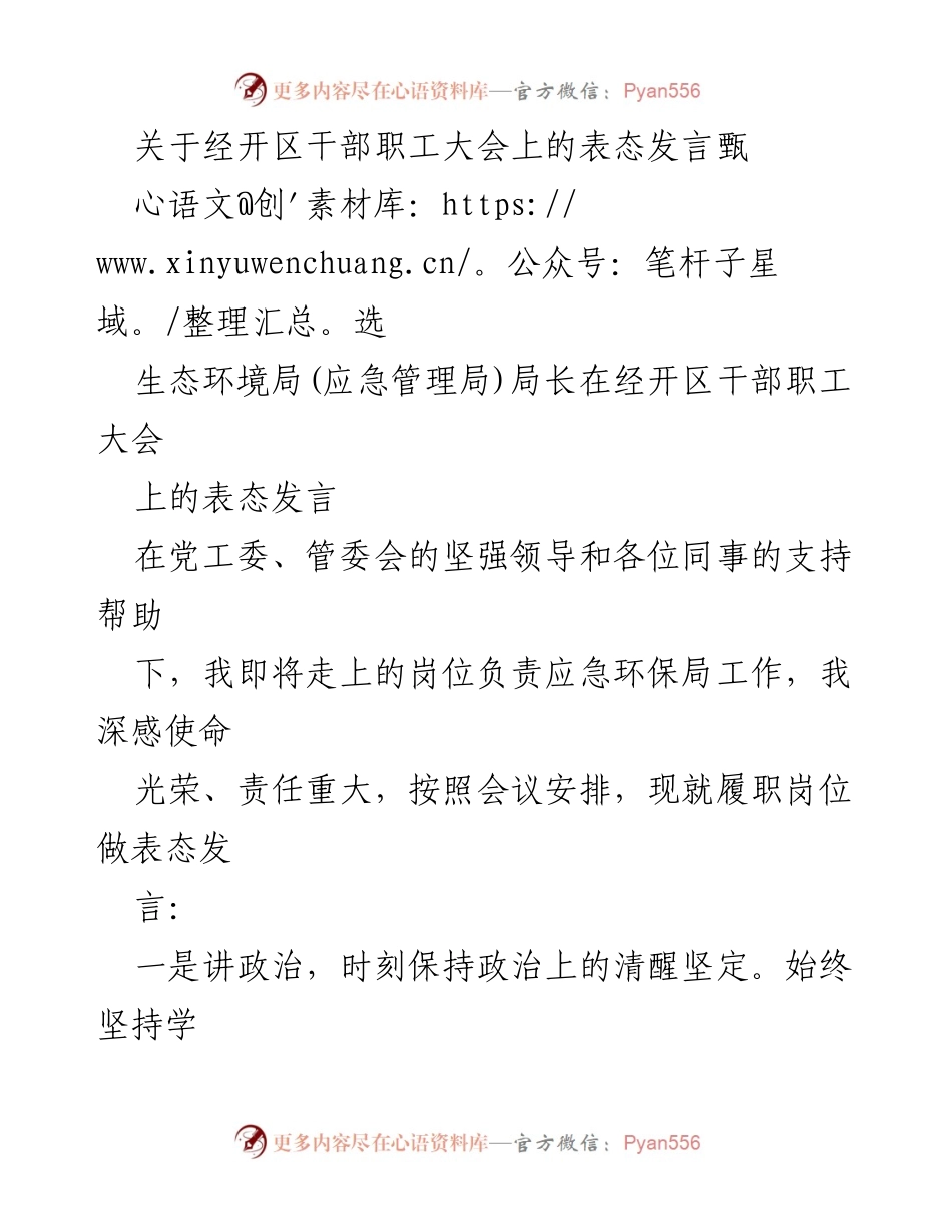 [发言] 干部职工大会 - 经开区新任领导表态发言总结.docx_第1页