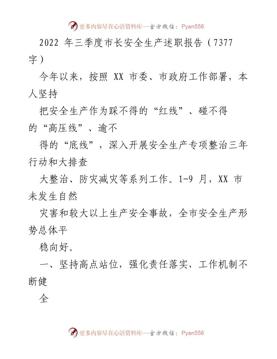 [发言] 市长安全生产述职会议 - 2022年三季度市长安全生产工作述职报告.docx_第1页