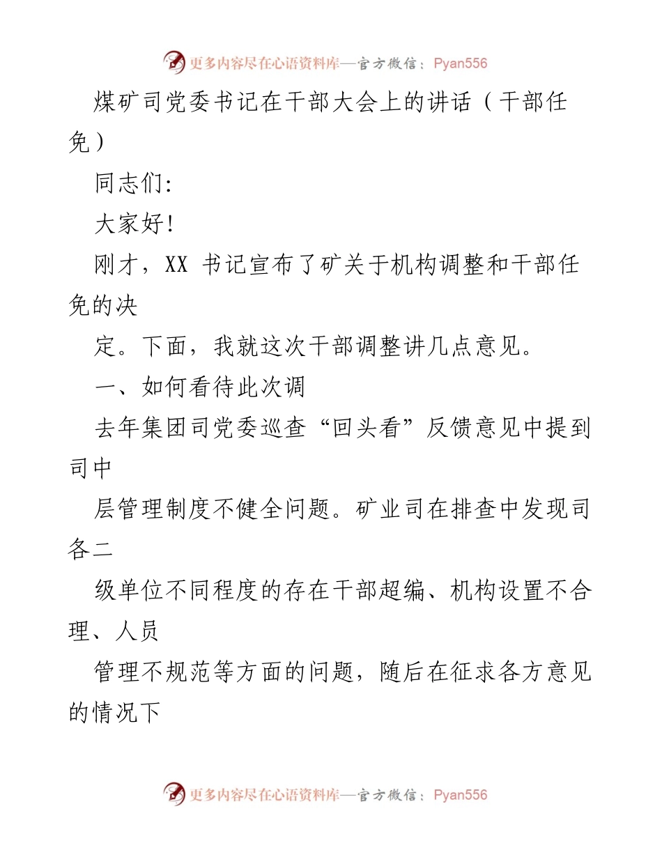 [发言] 干部大会 - 煤矿干部调整与管理思考.docx_第1页