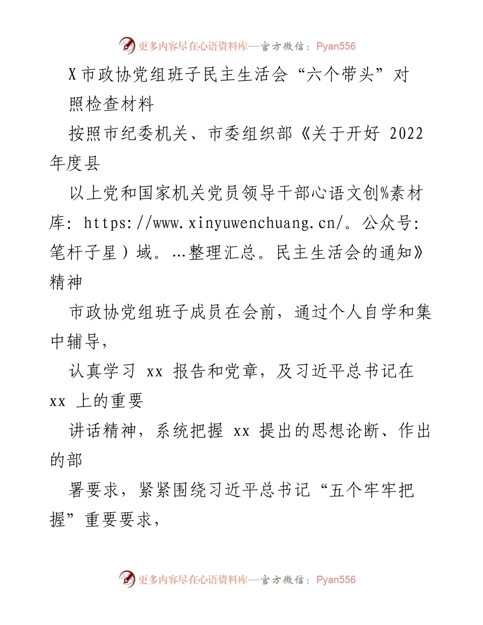 [发言] 市政协党组班子民主生活会 - 市政协党组班子民主生活会对照检查材料总结.docx_第1页