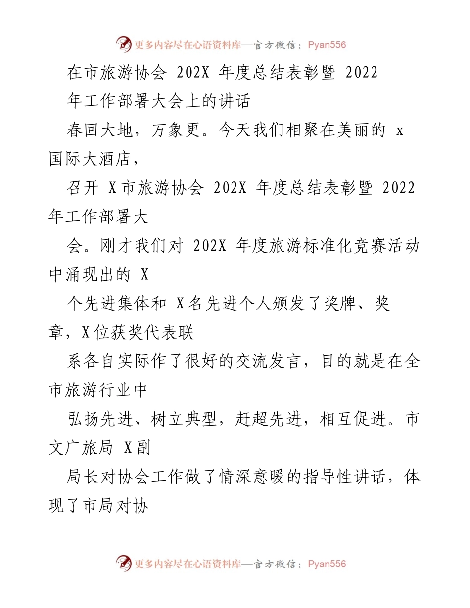 [发言] 市旅游协会年度总结表彰暨工作部署大会 - 202X年度旅游协会工作总结与2022年工作展望.docx_第1页