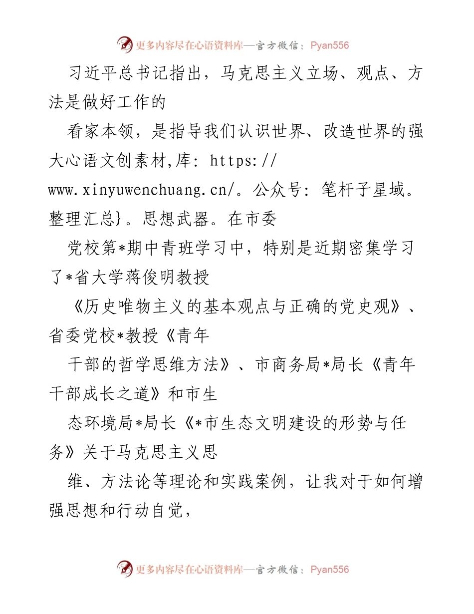 [发言] 市委党校中青班学习 - 深化马克思主义理论武装，推动青年干部成长与实践.docx_第1页