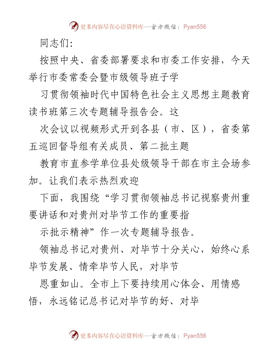 [发言] 市委常委会暨市级领导班子学习贯彻领袖思想专题辅导报告会 - 学习贯彻总书记重要讲话精神，推动毕节高质量发展.docx_第1页