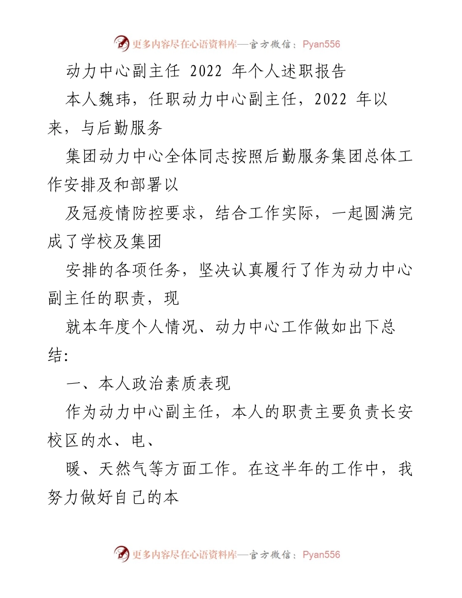 [发言] 年度述职 - 2022年动力中心副主任个人述职总结.docx_第1页
