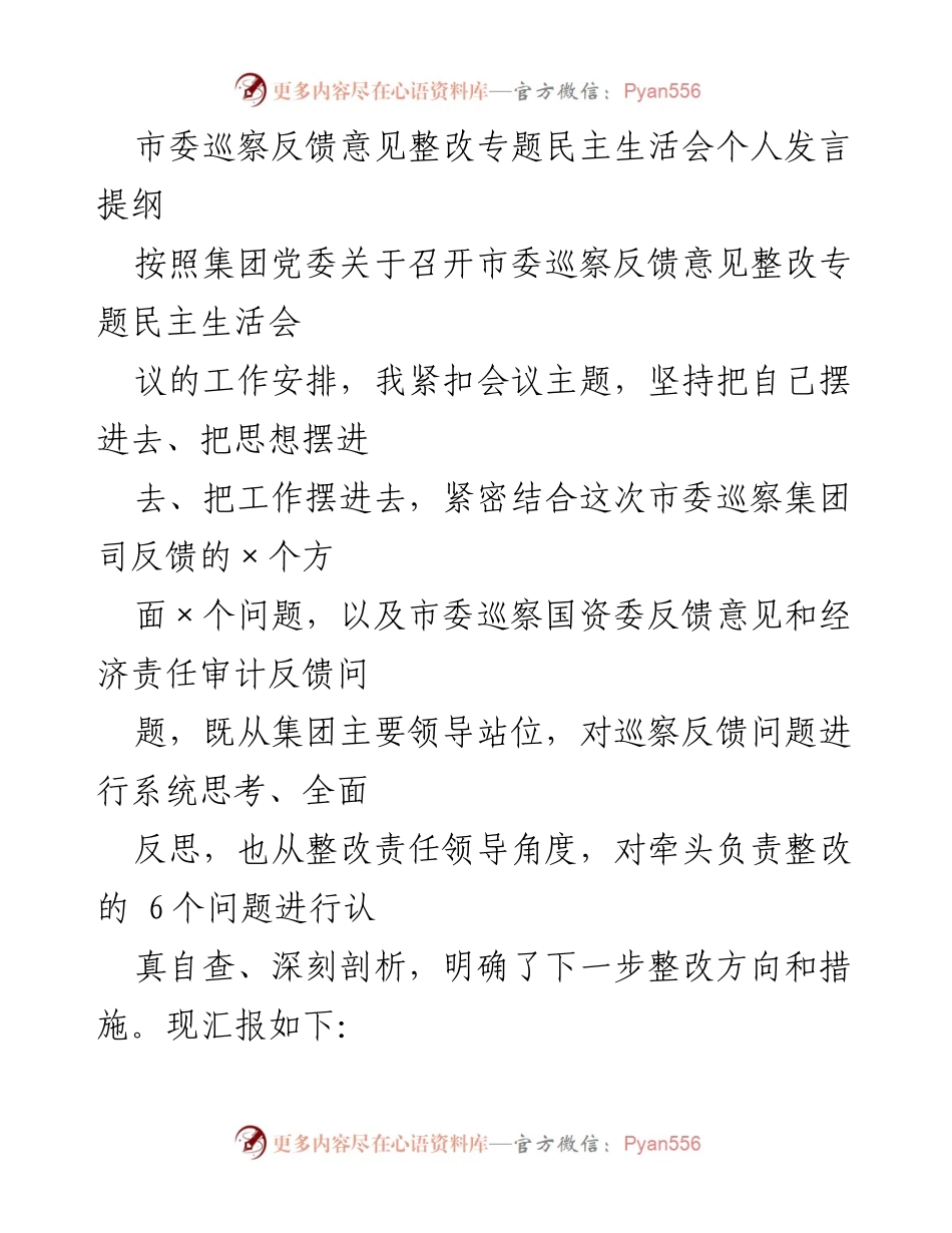 [发言] 市委巡察反馈整改专题民主生活会 - 巡察反馈问题整改自查与反思发言提纲.docx_第1页