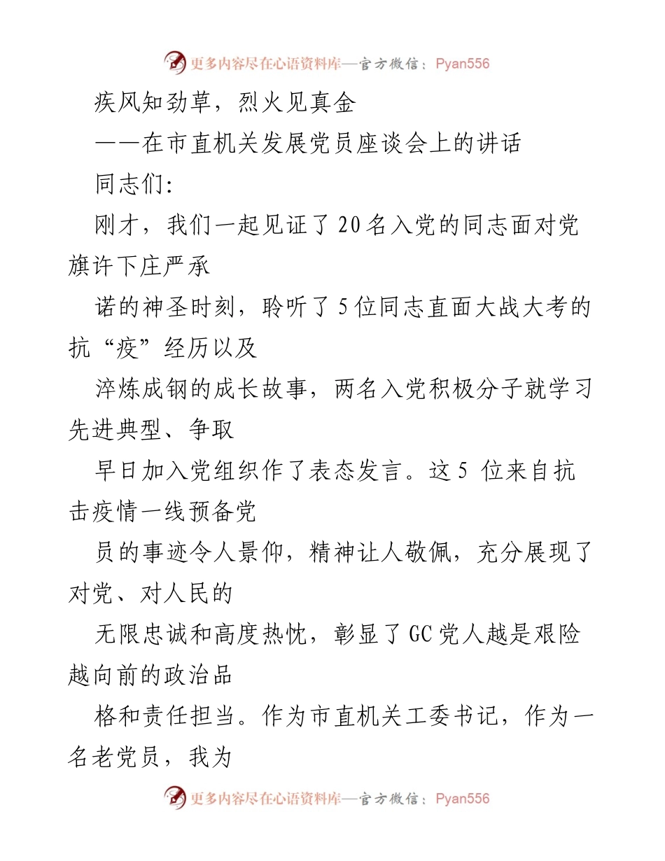 [发言] 市直机关发展党员座谈会 - 牢记初心，坚定理想信念，展现党员本色.docx_第1页