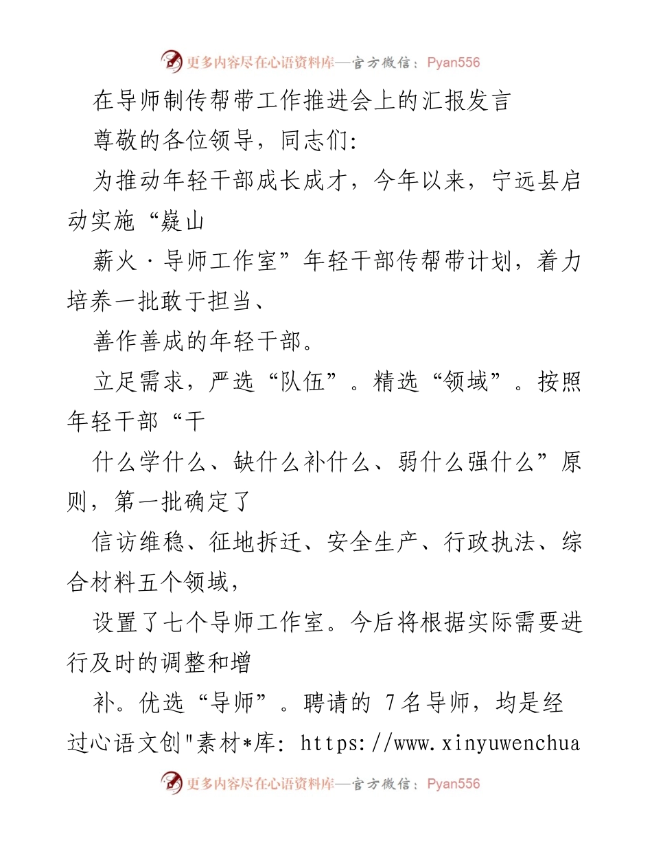 [发言] 工作推进会 - 推动年轻干部成长的“嶷山薪火·导师工作室”计划汇报.docx_第1页