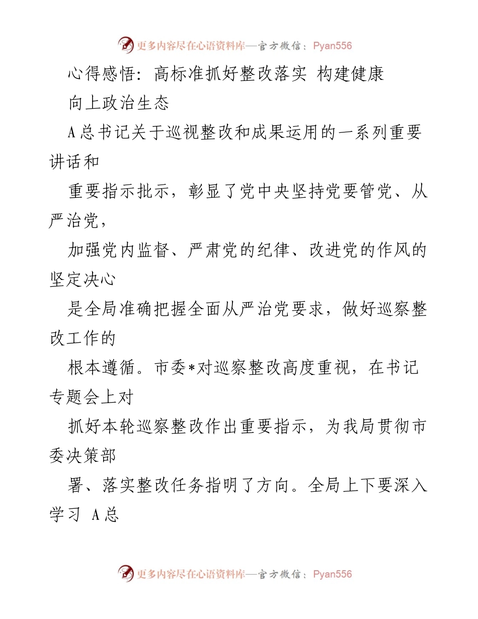 [发言] 巡察整改工作会议 - 高标准抓好整改落实，构建健康向上的政治生态.docx_第1页