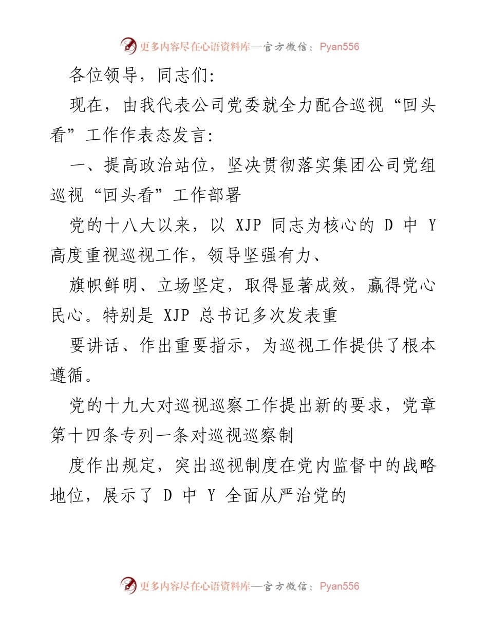 [发言] 巡视“回头看”工作动员会 - 全力配合巡视“回头看”工作，提升政治站位与责任意识.docx_第1页