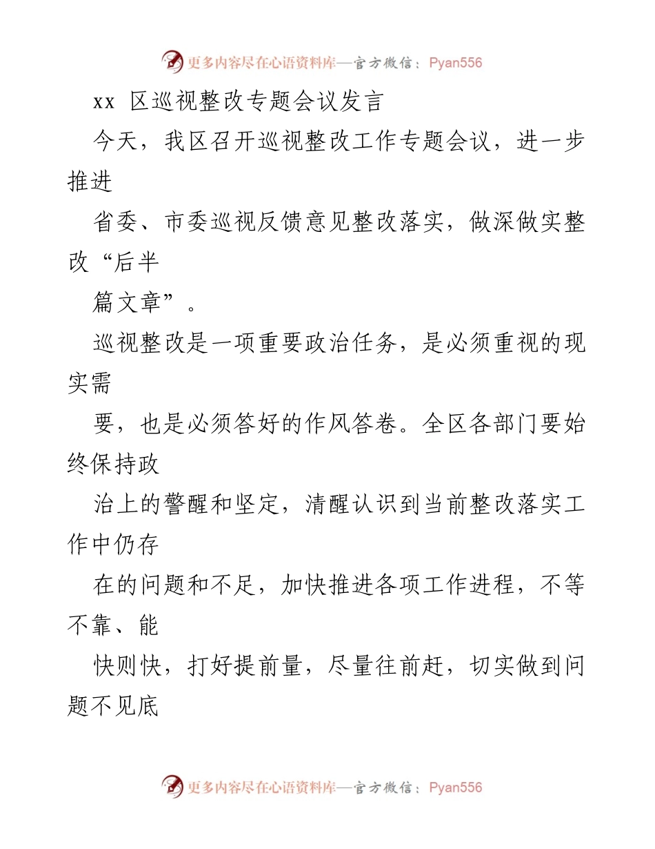 [发言] 巡视整改专题会议 - 深入推进巡视整改，确保问题整改到位.docx_第1页
