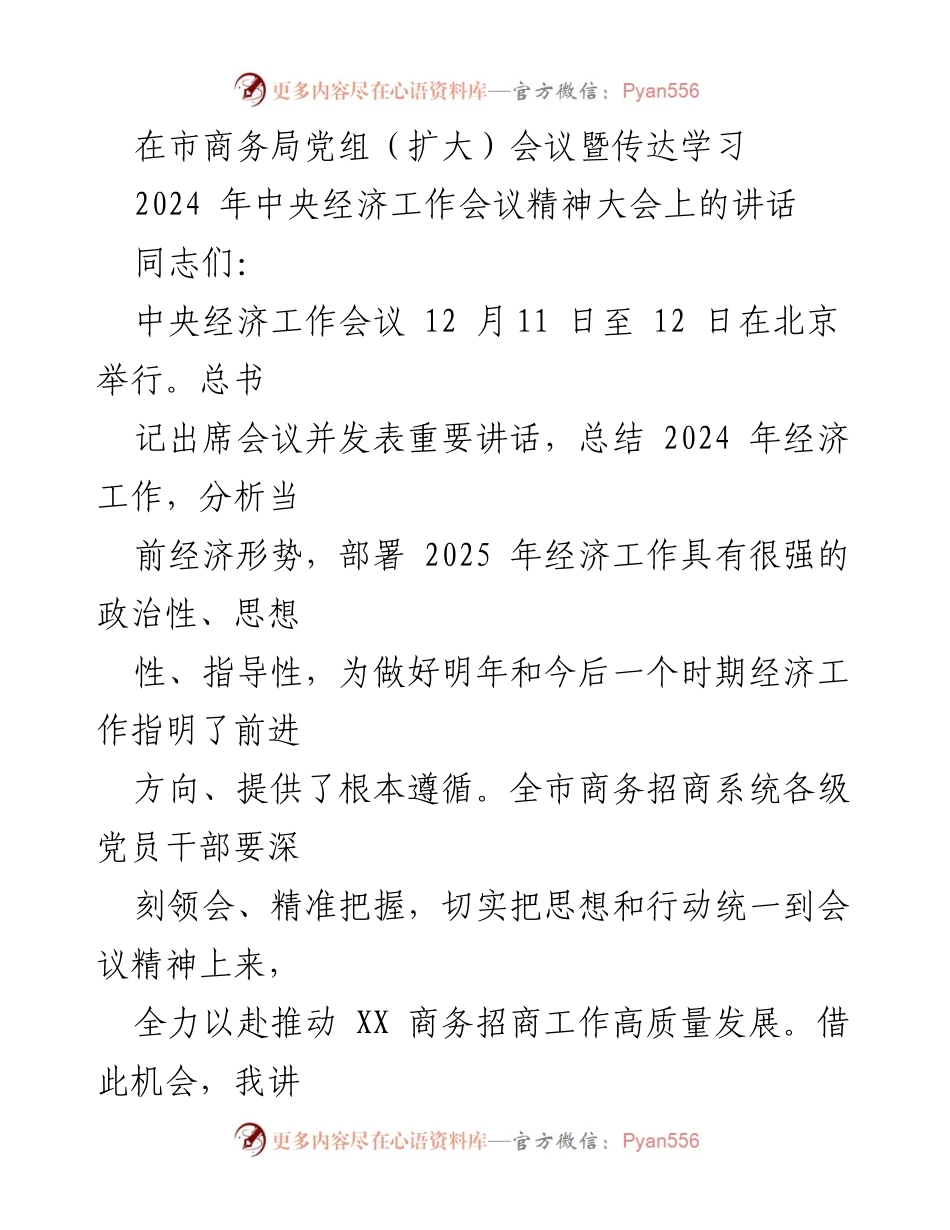 [发言] 市商务局党组（扩大）会议 - 深刻领会中央经济工作会议精神，推动商务招商高质量发展.docx_第1页