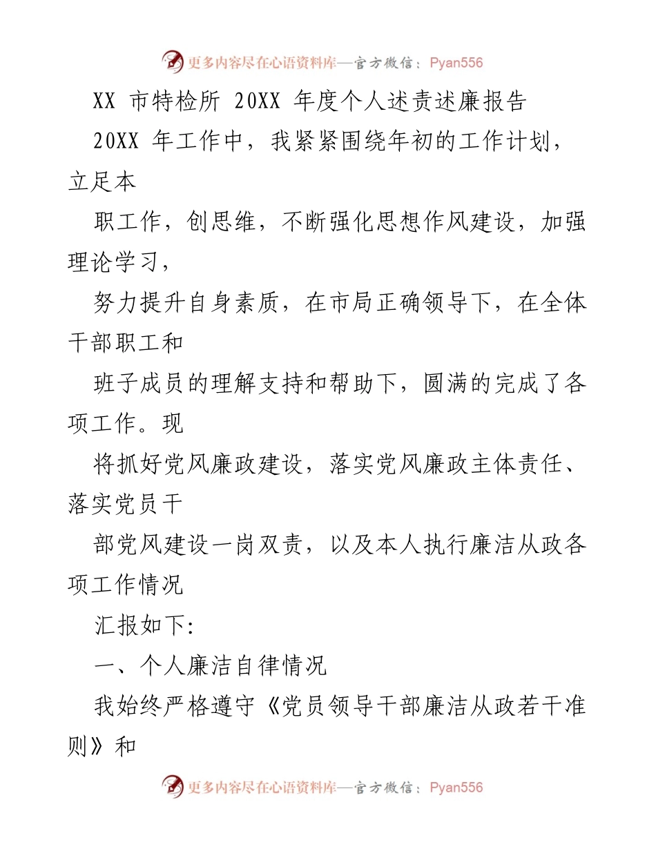 [发言] 年度总结 - XX市特检所20XX年度个人述责述廉报告.docx_第1页