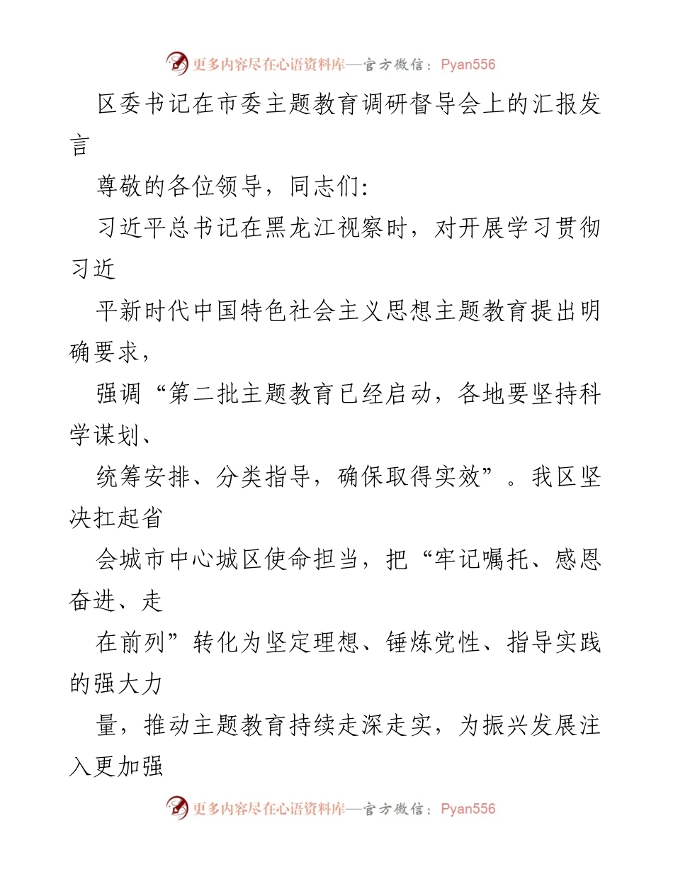 [发言] 市委主题教育调研督导会 - 区委书记汇报主题教育工作进展情况.docx_第1页
