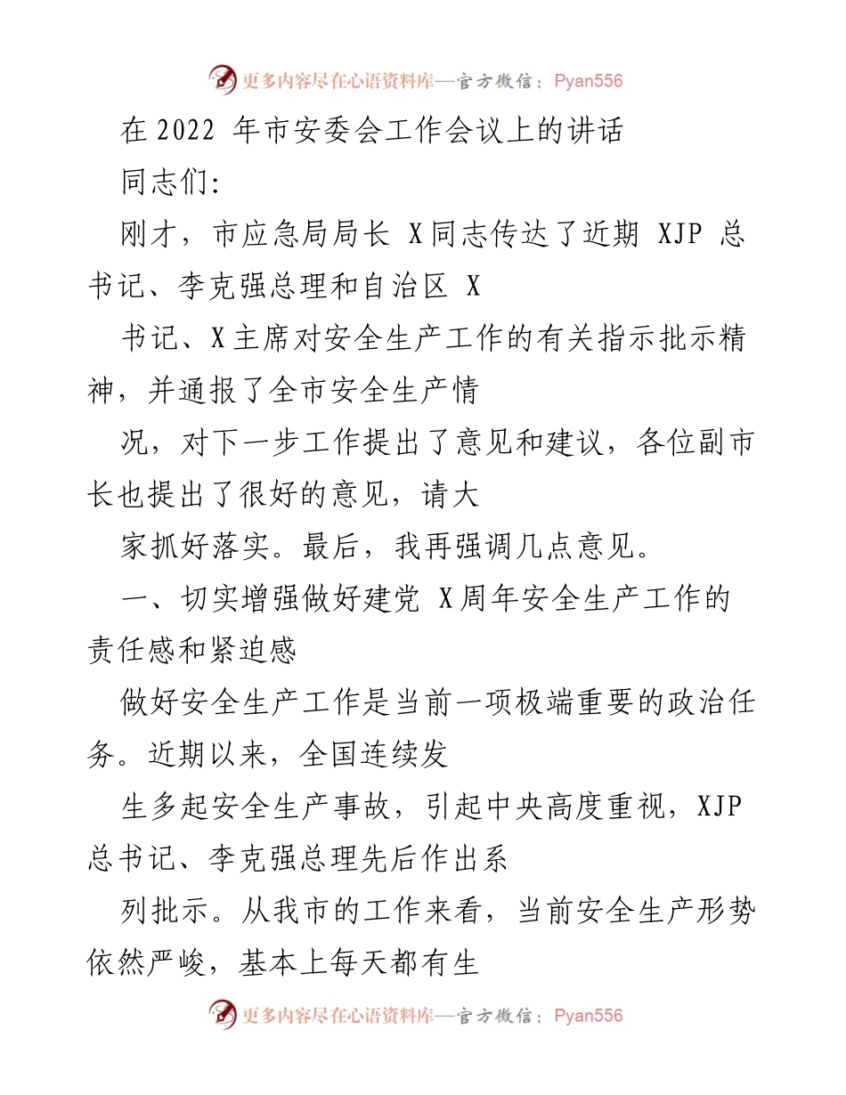 [发言] 市安委会工作会议 - 强化安全生产责任，确保高质量发展.docx_第1页