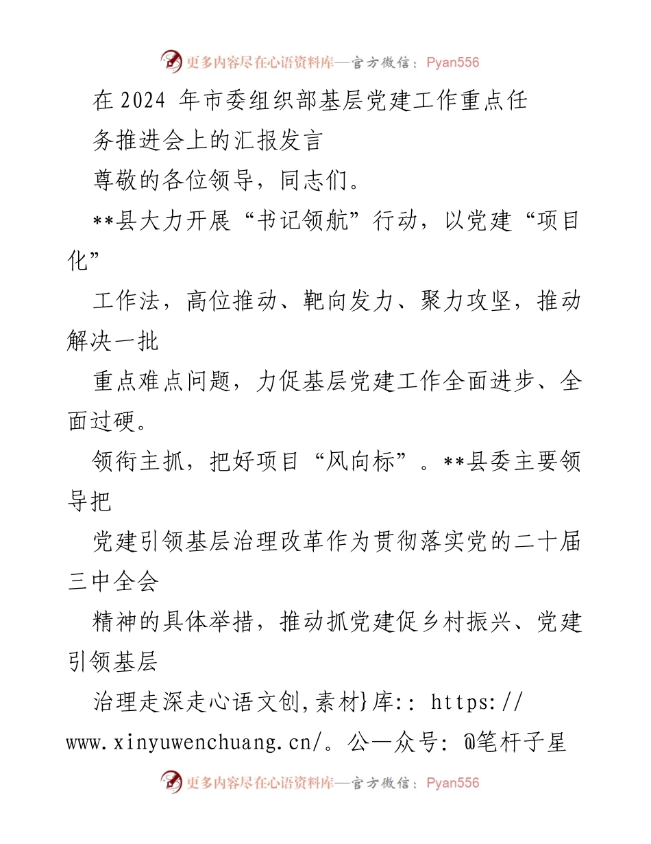 [发言] 市委组织部基层党建工作重点任务推进会 - 书记领航行动推动基层党建改革与治理创新.docx_第1页