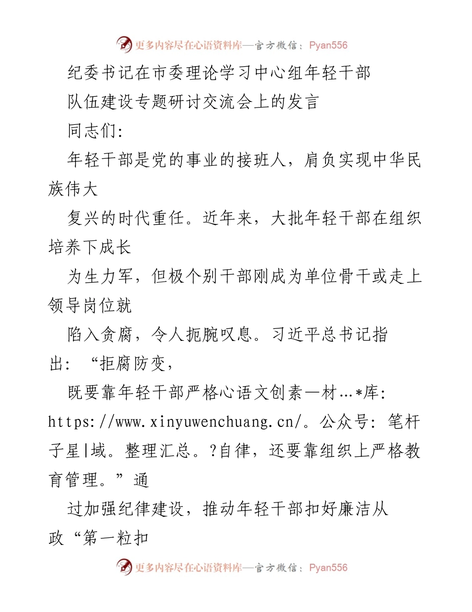 [发言] 市委理论学习中心组年轻干部队伍建设专题研讨交流会 - 加强纪律教育，推动年轻干部廉洁从政.docx_第1页