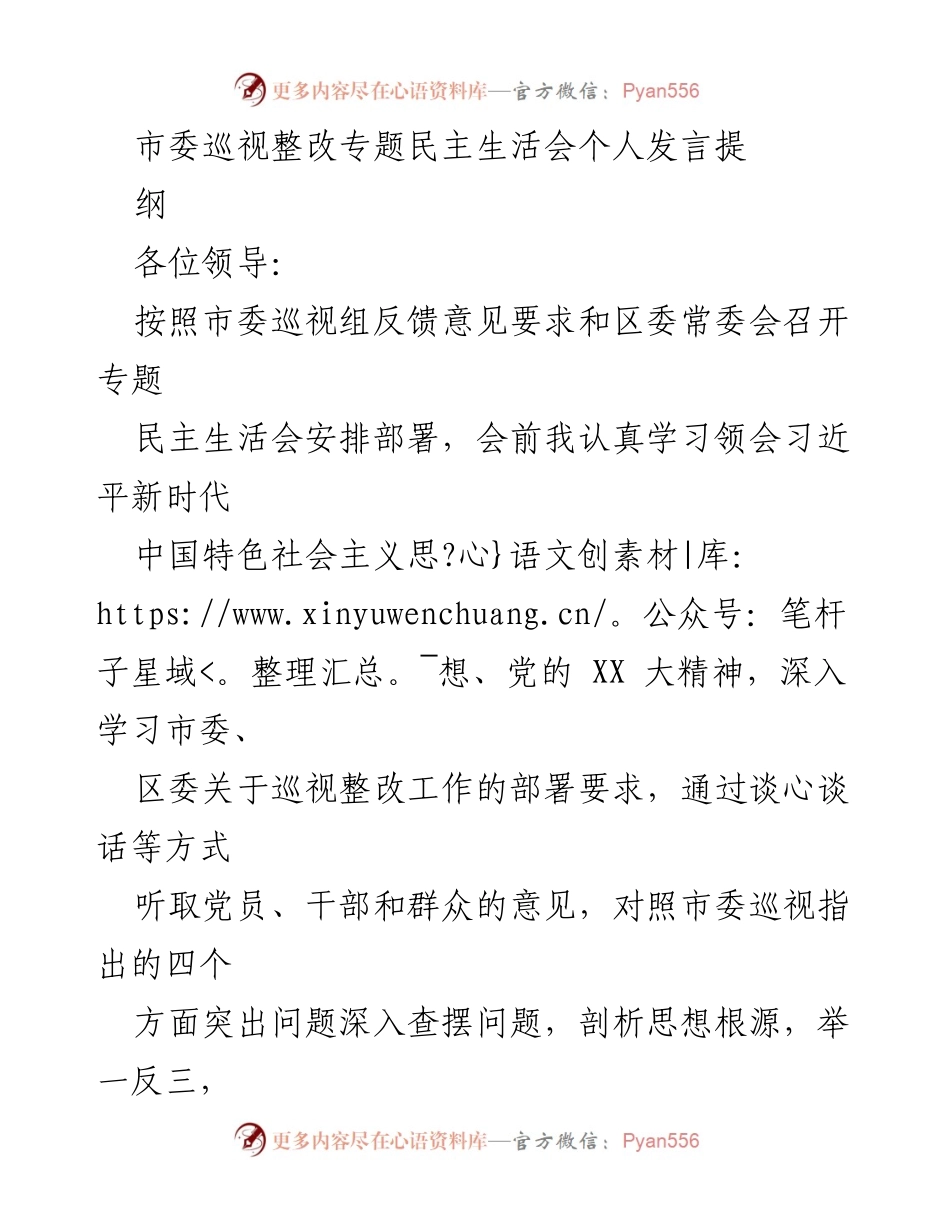 [发言] 市委巡视整改专题民主生活会 - 深入剖析巡视反馈问题，推动高质量发展与全面从严治党.docx_第1页