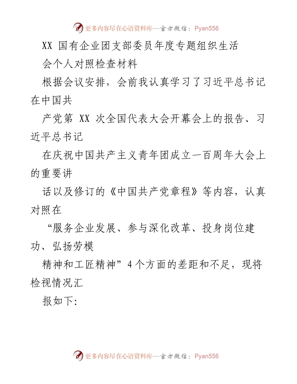 [发言] 年度专题组织生活会 - 国有企业团支部委员年度对照检查发言材料.docx_第1页