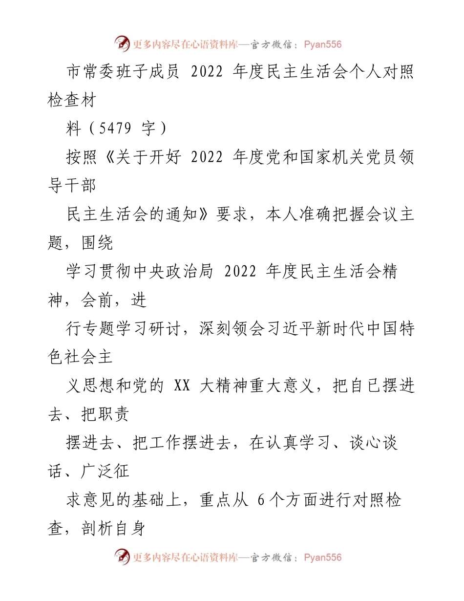 [发言] 市常委班子年度民主生活会 - 2022年度个人对照检查材料总结.docx_第1页