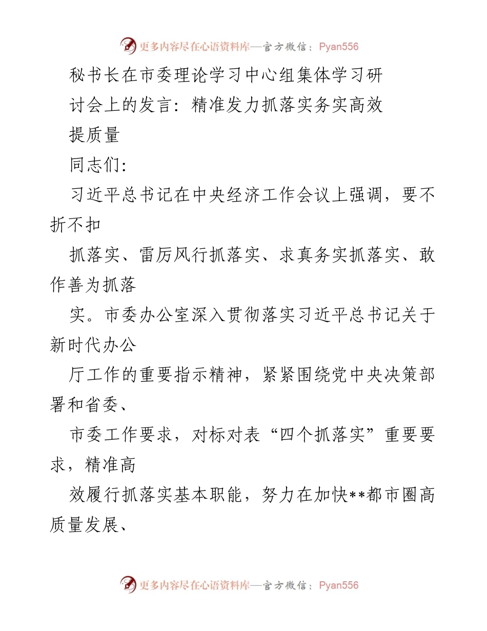 [发言] 市委理论学习中心组集体学习研讨会 - 精准发力，务实高效推动高质量发展_2.docx_第1页