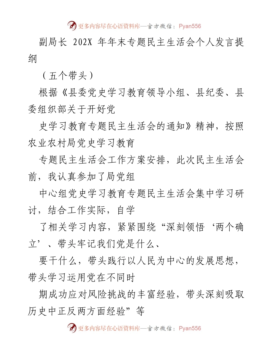[发言] 年末专题民主生活会 - 副局长年末民主生活会个人发言提纲.docx_第1页