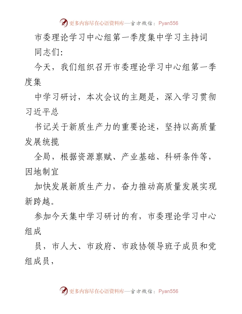 [发言] 市委理论学习中心组第一季度集中学习 - 深入学习习近平总书记关于新质生产力的重要论述_2.docx_第1页