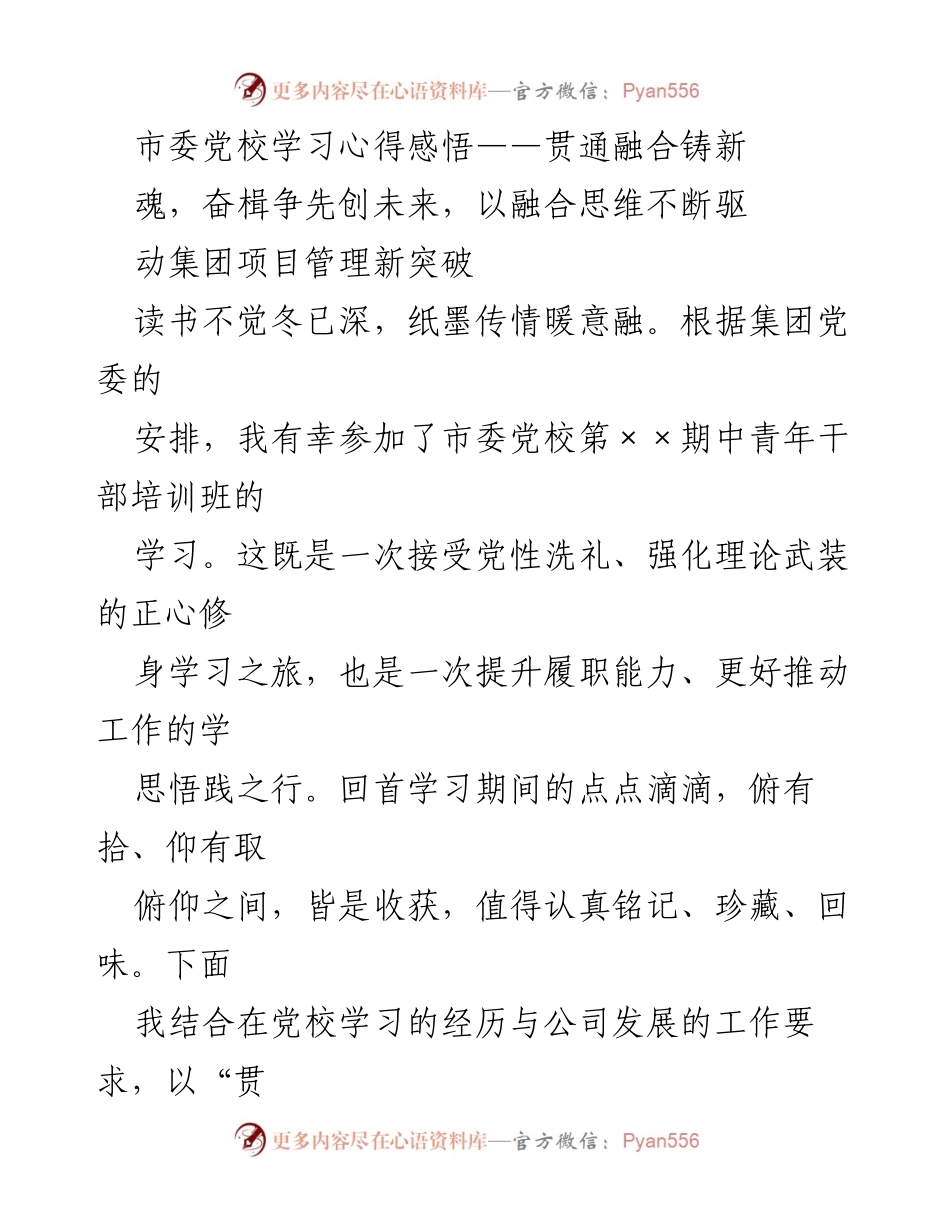 [发言] 市委党校中青年干部培训班 - 贯通融合铸新魂，奋楫争先创未来.docx_第1页
