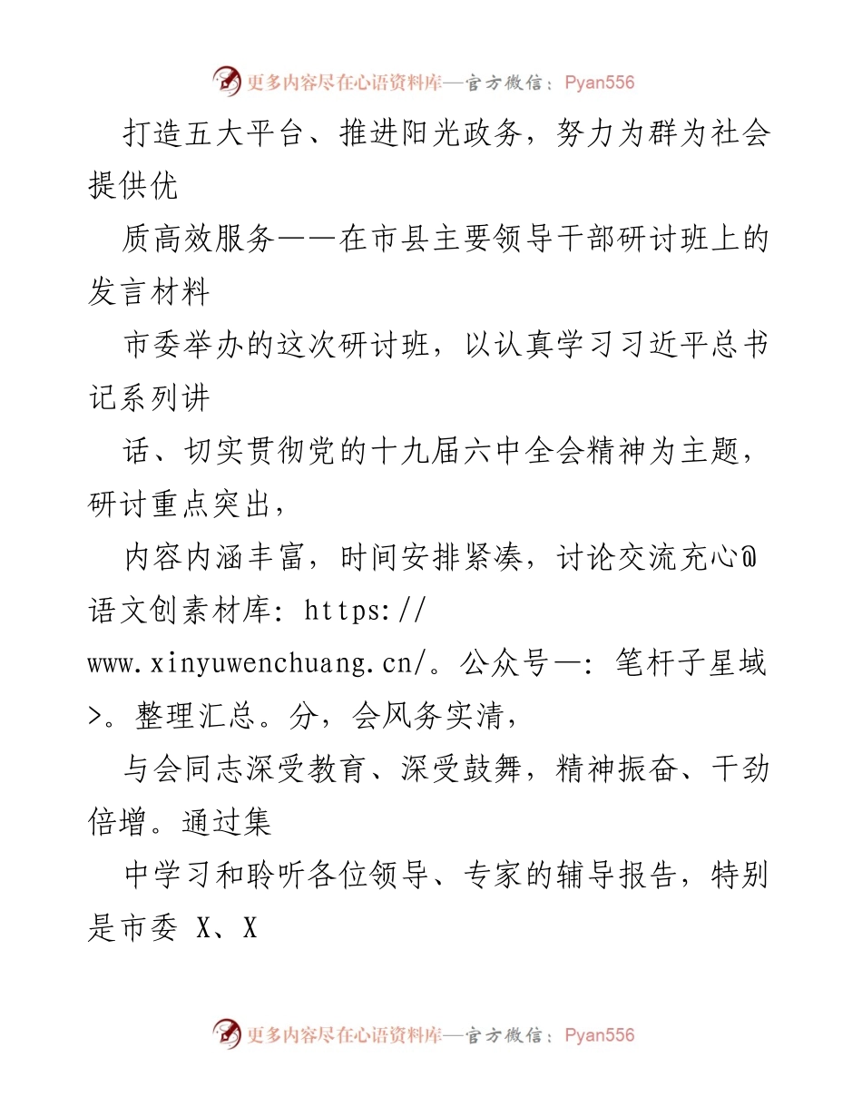 [发言] 市县主要领导干部研讨班 - 打造阳光政务平台，提升政务服务效率.docx_第1页